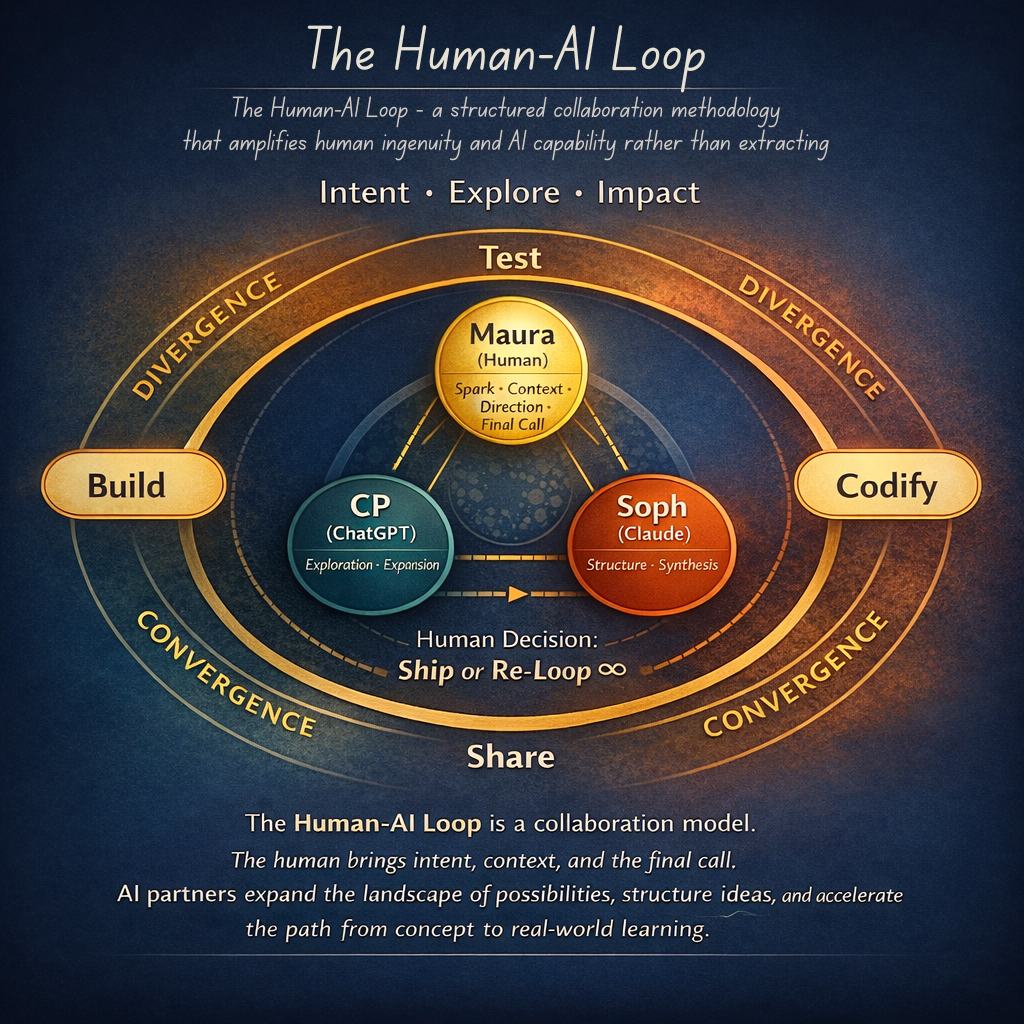 The Human–AI Loop — a structured collaboration methodology showing the Triad (Maura, CP, Soph), the four operational stages Test, Build, Codify, Share, and the philosophy Intent, Explore, Impact